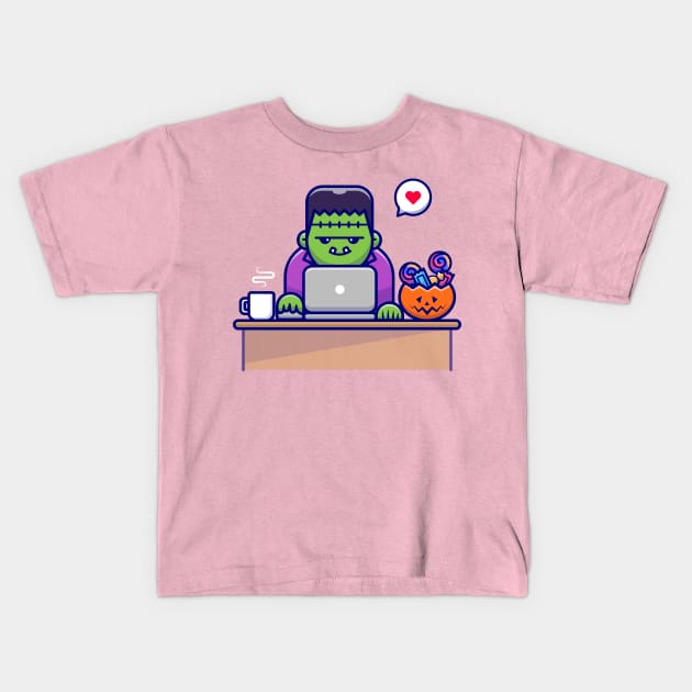 Cute Frankenstein Working On Laptop With Candy And  Coffee Cartoon Kids T-Shirt by Catalyst Labs